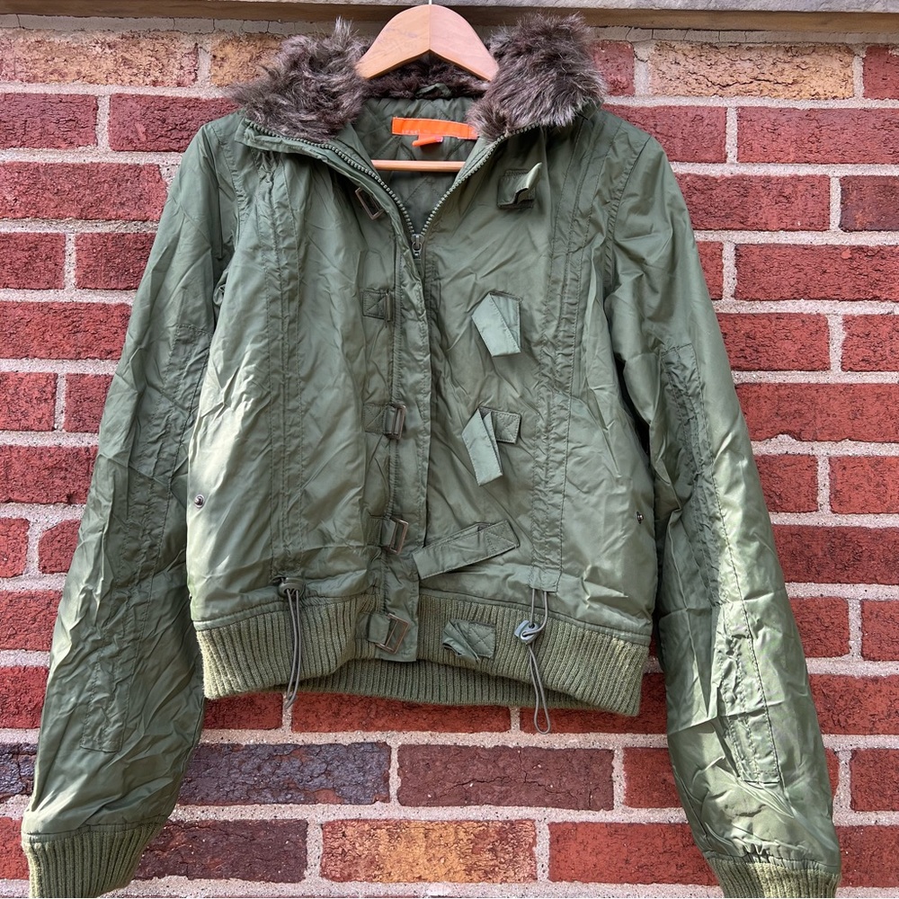 Sweet by Miss Me Womens Green Jacket Faux Fur collar Lightweight Bomber Large